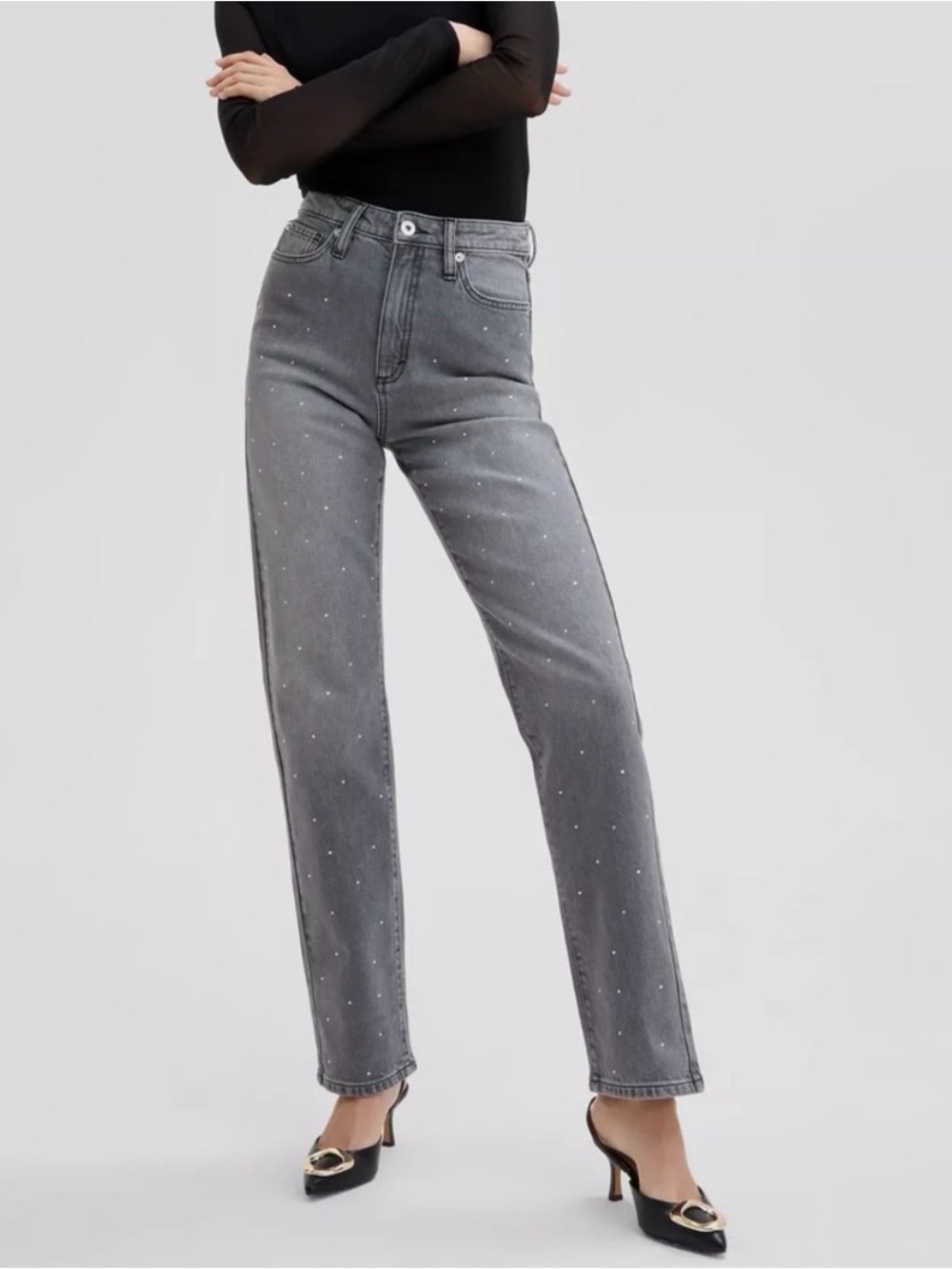 I.N.C. 💎 Embellished  High-Waist Gray Straight-Leg Denim Jeans 👖